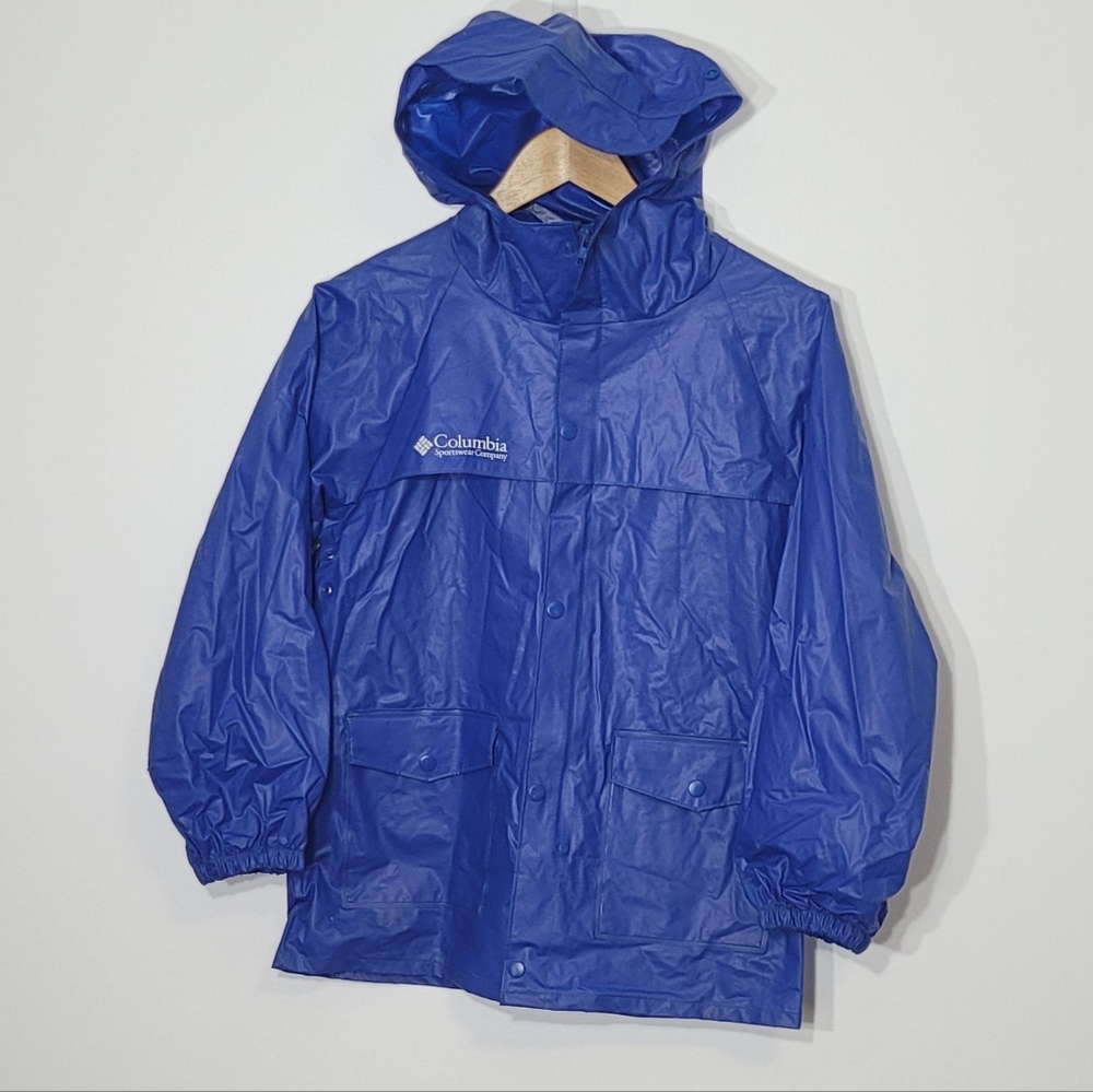 Columbia Sportwear Blue Kid's Boy Hooded Waterproof Rain Coat Snaps Youth Large